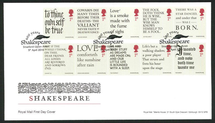 2016 - Shakespeare First Day Cover - First Day of Issue Stratford upon Avon (Feather) Postmark